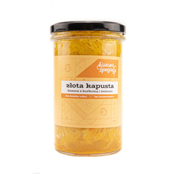 Złota kapusta kiszona z kurkumą i imbirem, doskonała na bigos, kapuśniak i krokiety, bez octu i cukru