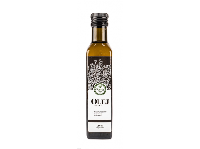 Olej lniany, tłoczony z nasion lnu-Szafir, bogaty w kwasy omega-3, delikatny w smaku, pozbawiony goryczy
