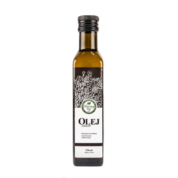 Olej lniany, tłoczony z nasion lnu-Szafir, bogaty w kwasy omega-3, delikatny w smaku, pozbawiony goryczy