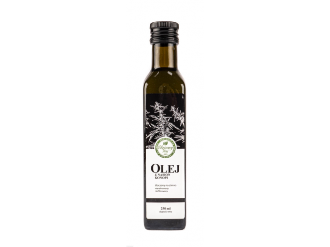 Olej z nasion konopi, w 100% naturalny, bogaty w kwasy omega, z orzechową nutą w smaku
