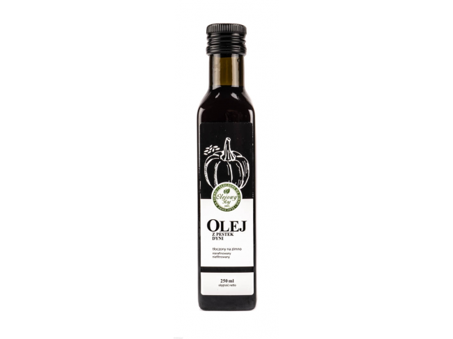 Olej z pestek dynii, ciemnozielona barwa, oryginalny smak, idealny do sałatek, zup, sosów