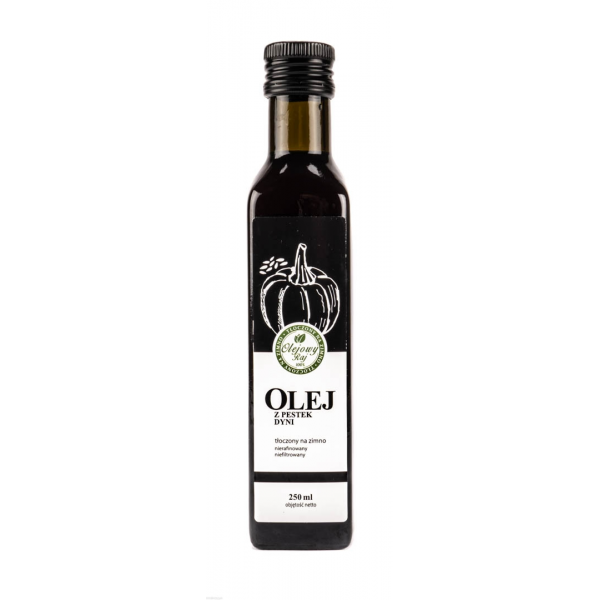 Olej z pestek dynii, ciemnozielona barwa, oryginalny smak, idealny do sałatek, zup, sosów