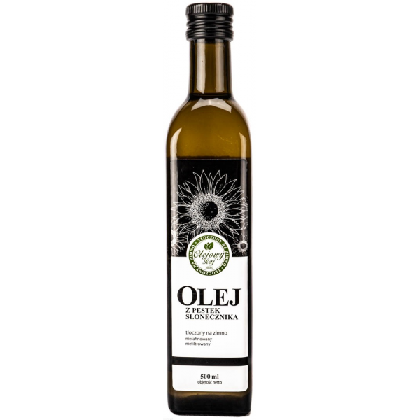 Olej z pestek słonecznika, wyrazisty smak, bogaty w witaminę E, działa ujędrniająco