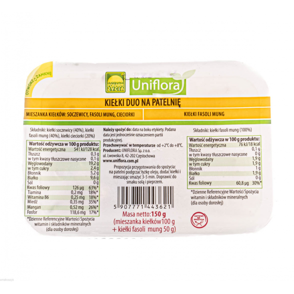 Kiełki duo na patelnię, kiełki fasoli mung, kiełki soczewicy i cieciorki, źródło  białka i błonnika