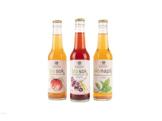 Bio-soki jabłkowe, tłoczone, z miętą i aronią, bez dodatku cukru, świeży smak i aromat