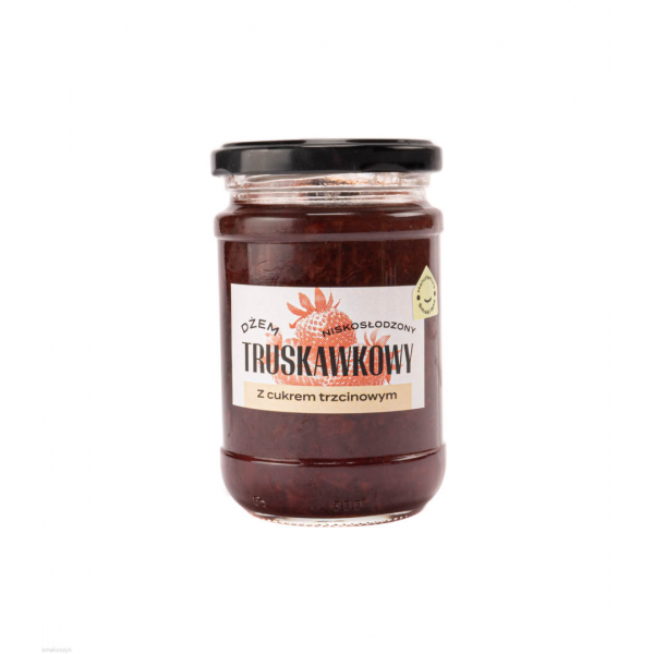Dżem truskawkowy z cukrem trzcinowym, zawiera minerały i witaminy, doskonały do pieczywa