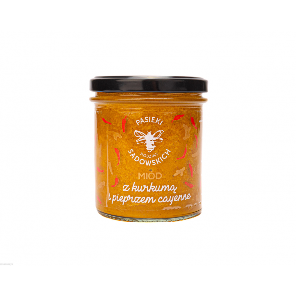 Miód z kurkumą i pieprzem cayenne, słodycz miodu wielokwiatowego  równoważy się z ostrością pieprzu