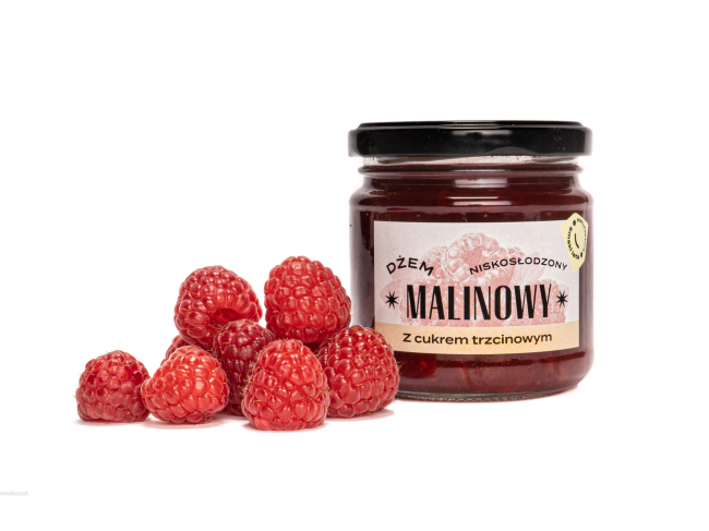 Dżem malinowy, niskosłodzony, naturalne składniki, słodzony cukrem trzcinowym
