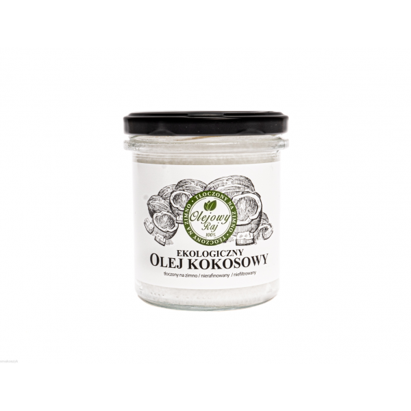 Olej kokosowy, ekologiczny, ma postać białej masy, do pieczonych warzyw, ziemniaków