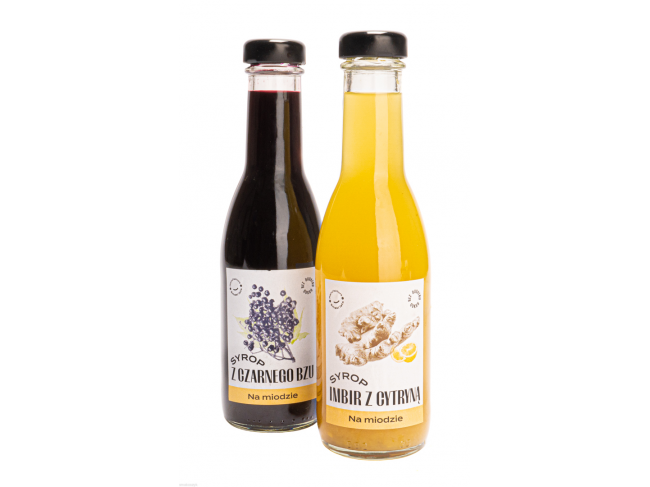 Syropy z czarnego bzu i imbiru z cytryną, pasteryzowane, zdrowe, naturalne składniki