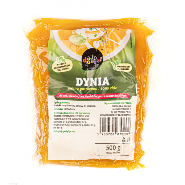 Dynia gotowana, zawiera witaminę A, E, K i C oraz witaminy z grupy B, gotowy produkt na zupę