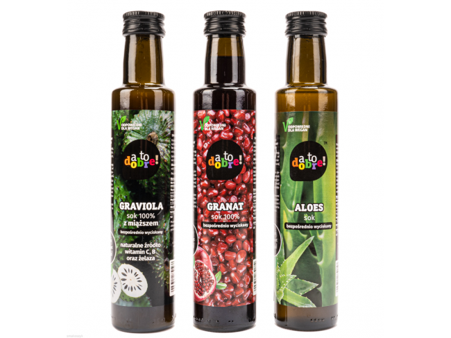Soki 100%, graviola, aloes i granat, wyjątkowe owoce, bogate w witaminy i minerały