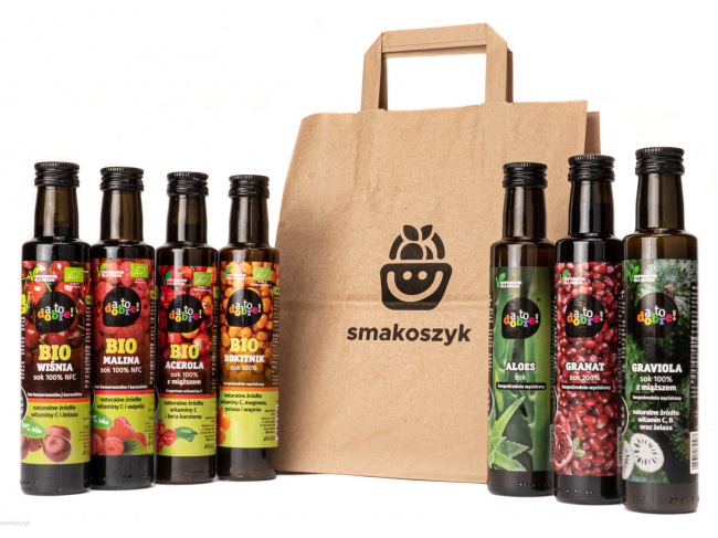 Zestaw soków z owocami, torba smakoszyk,  bio soki owocowe, soki 100% w butelkach.
