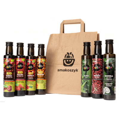 Bio soki rokitnik, acerola, kurkuma i imbir z cytryną, naturalne, zawierają 100% soku