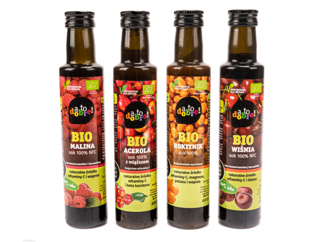 Soki bio 100%, bezpośrednio wyciskane z naturalnych owoców.